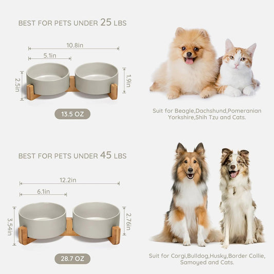 Gray Ceramic & Wood Food & Water Bowls