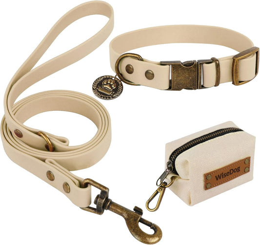 Tan Collar + Leash with Poop Bag Holder Set